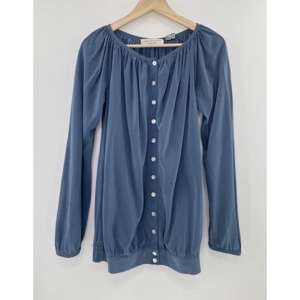 Charles Nolan New‎ York Women’s 100% Silk Button Front Blue Blouse Sz XS Flaws